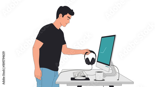 A man is holding a headphone near a computer monitor at a desk in a plain background