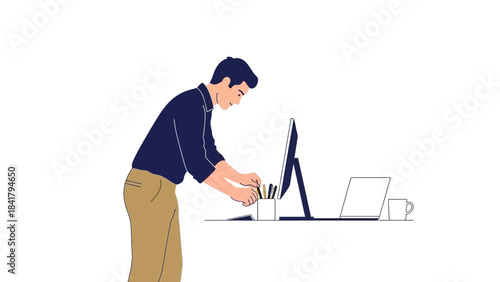 A man is working from his desk and using a pc with a mug and a laptop beside him