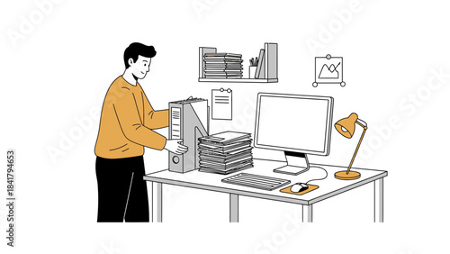 A man organizing documents and paperwork at his office workspace in illustration style