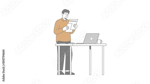 A man reading documents at his desk with a laptop and a coffee cup concept