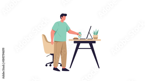 A man taking a break from work at his desk with a drink and a snack