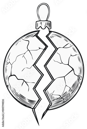 Hand drawn cracked Christmas bauble illustration symbolizing holiday fragility