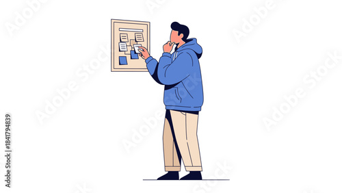 A Person Reviewing a Board of Notes and Planning, Thoughtful and Focused