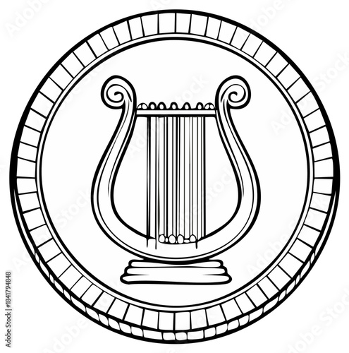 Classical Greek Lyre Symbol of Music and Art Line Art Drawing of an Ancient Medallion Icon
