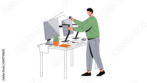 A Person Setting Up Multiple Monitors on a Desk Ideal for Workspace Illustration