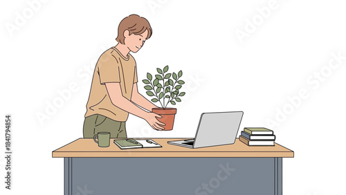 A person tending to a plant at a desk with a laptop, notebook, and books in office