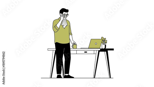 A Person with a Cold at Work Blowing Their Nose Near a Desk Concept Illustration