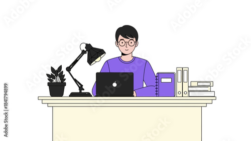 A Person Working on a Laptop at a Desk with a Lamp and Office Supplies Illustration