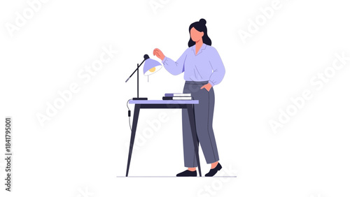 A woman working at a desk surrounded by elements of office, home or workplace