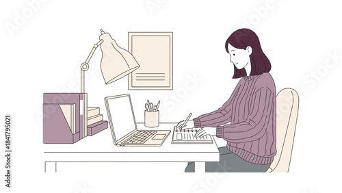 A woman working at her desk with a laptop and paper, minimal flat illustration