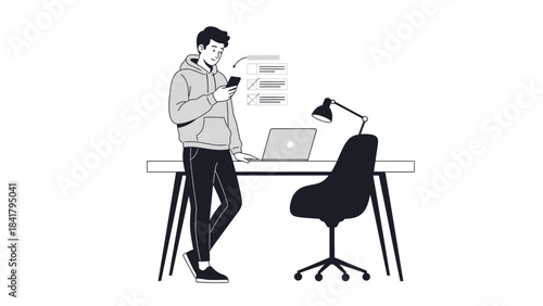 A Young Man Using a Mobile Phone and Working on a Laptop at His Desk