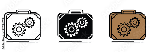 Stunning concept showing business strategy and operational mechanics packed inside a professional travel briefcase icon set
