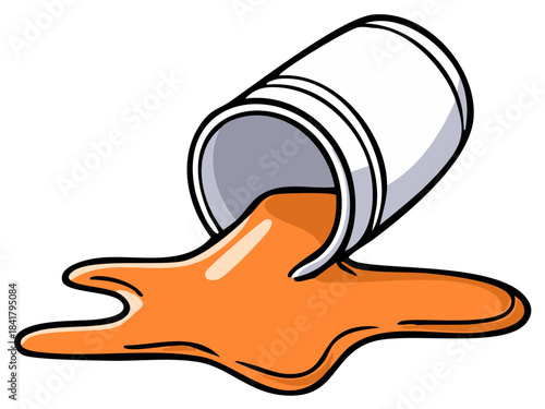 Cartoon paint can falling over, spilling orange paint on the floor forming puddles, artistic illustration spilling and splash graphic
