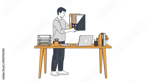 An illustration of a person organizing files at their desk workspace, vector