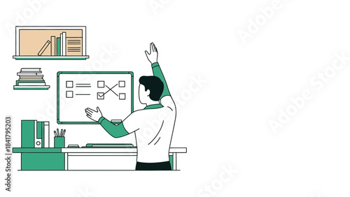 Business professional giving a presentation explaining data analysis and planning strategies