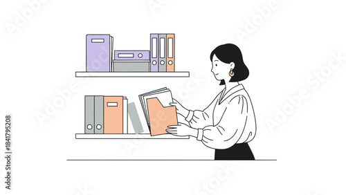 An office worker arranging files on a shelf in a minimalist linear illustration