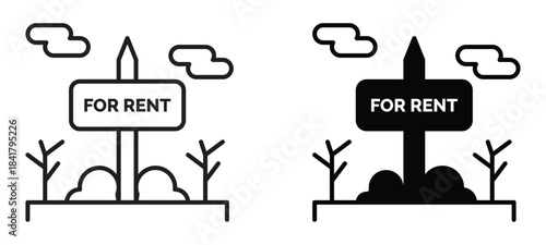 Clean modern line and solid icons representing a real estate for rent sign planted outdoors next to small trees