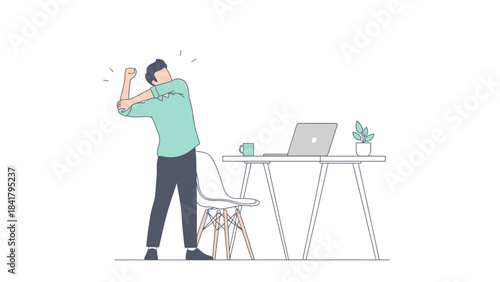 Business professional stretching at his office desk taking a break from working on computer