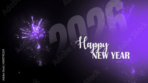 Happy new year 2026 celebration with fireworks and purple light