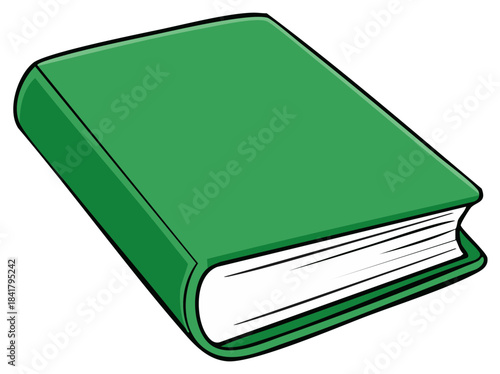 Clean cartoon illustration of a closed green hardcover book with white pages