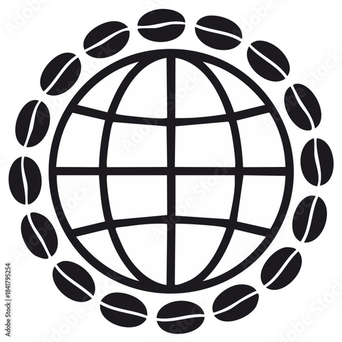 Global Coffee Bean Circle Graphic Worldwide Trade Black on White