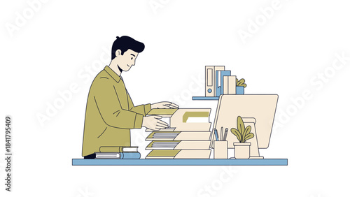 Businessman Organizing Paperwork at His Desk in an Office During Work Hours