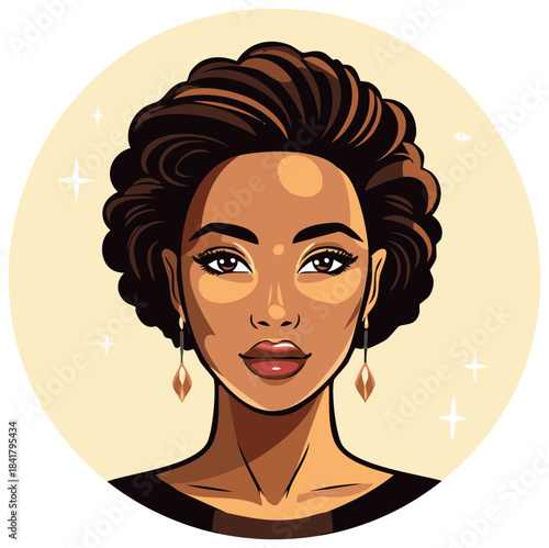 Stylish Illustration of a Woman with Short Hair Wearing Dangle Earrings on a Beige Circular Background