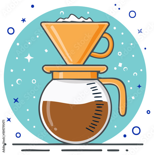Minimalist Pour Over Coffee Brewing Illustration with Glass Carafe and Orange Filter Cone