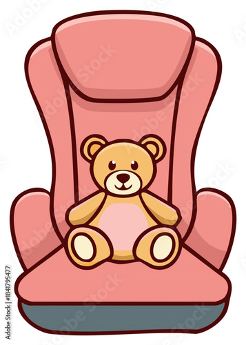 Adorable teddy bear in pink child safety car seat cartoon illustration