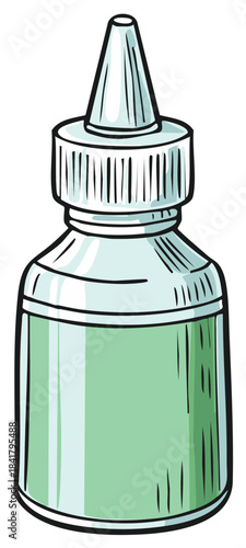 Cartoon illustration of eye drops in a small glass bottle