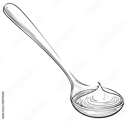 Hand drawn sketch of a spoon filled with creamy substance and smooth texture
