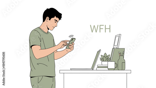 Illustration depicting a man working remotely using a smartphone and laptop at home