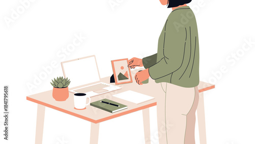Illustration depicting a person at a desk with laptop, plant, and notepad, work from home setup