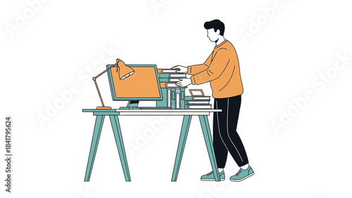 Illustration depicting a person organizing books and documents on a desk alongside a computer