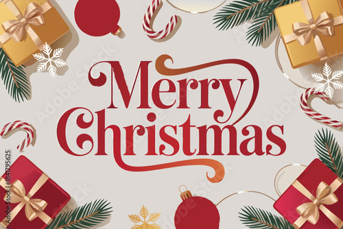 Merry christmas lettering surrounded by festive christmas gifts and ornaments