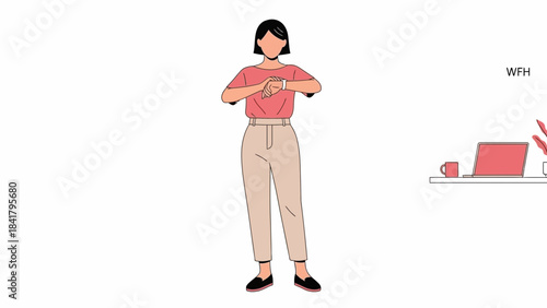 Illustration depicting a woman checking her watch, indicating time management, WFH scene