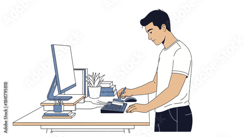 Illustration of a Man Cleaning Keyboard, Illustrating Technology and Maintenance Processes