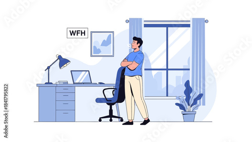 Illustration depicting working from home, a person taking a break from their computer desk setup
