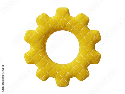 Soft yellow plush cogwheel toy with dashed stitching pattern isolated