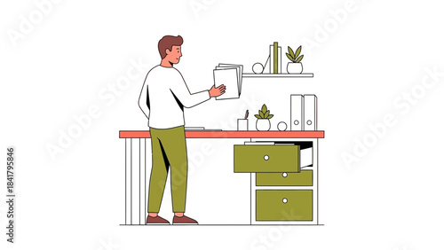 Illustration of a man in an office checking documents and a desk with storage space