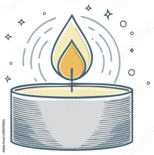 Cartoon candle burning with flame surrounded by sparkling stars and radiating lines, vector illustration