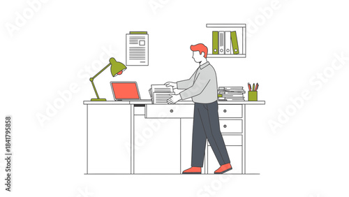Illustration of a man in an office organizing papers and related office equipment illustration