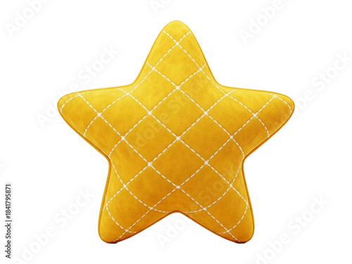 Yellow star shaped plush pillow with white diamond stitching isolated