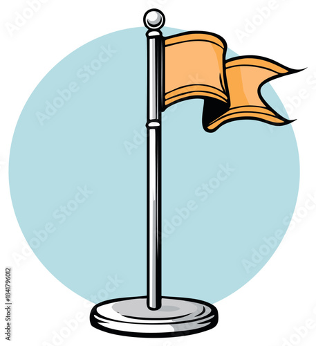 Waving orange flag on a chrome flagpole stand. Cartoon style vector graphic for success and achievement.