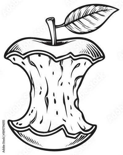 Hand drawn apple core with leaf and stem. Black and white vintage style fruit illustration.