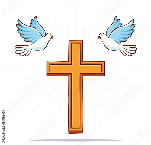 Christian cross symbol with two flying white doves and radiating light