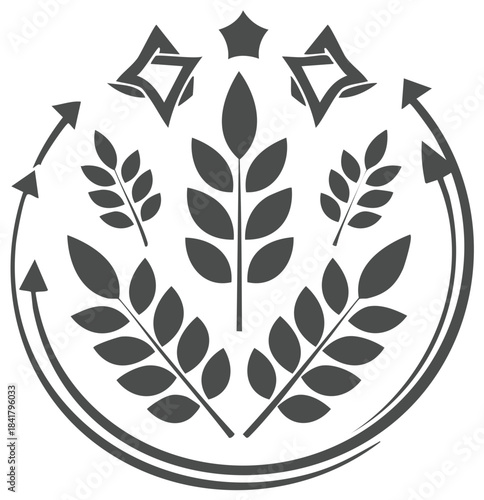Circular vector design with wheat ears, star and diamond shapes in monotone. Symbol.