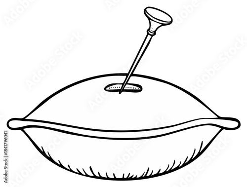 Black and white line drawing of a cooking pot with a lid and a meat thermometer for precise temperature checking