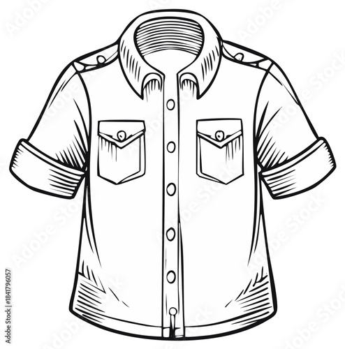Line art illustration of a casual short sleeve collared shirt with buttoned chest pockets and rolled cuffs