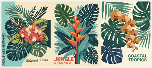Mid-century style triptych featuring hibiscus, heliconia, and orchids with palm and monstera leaves in bold retro tropical colors